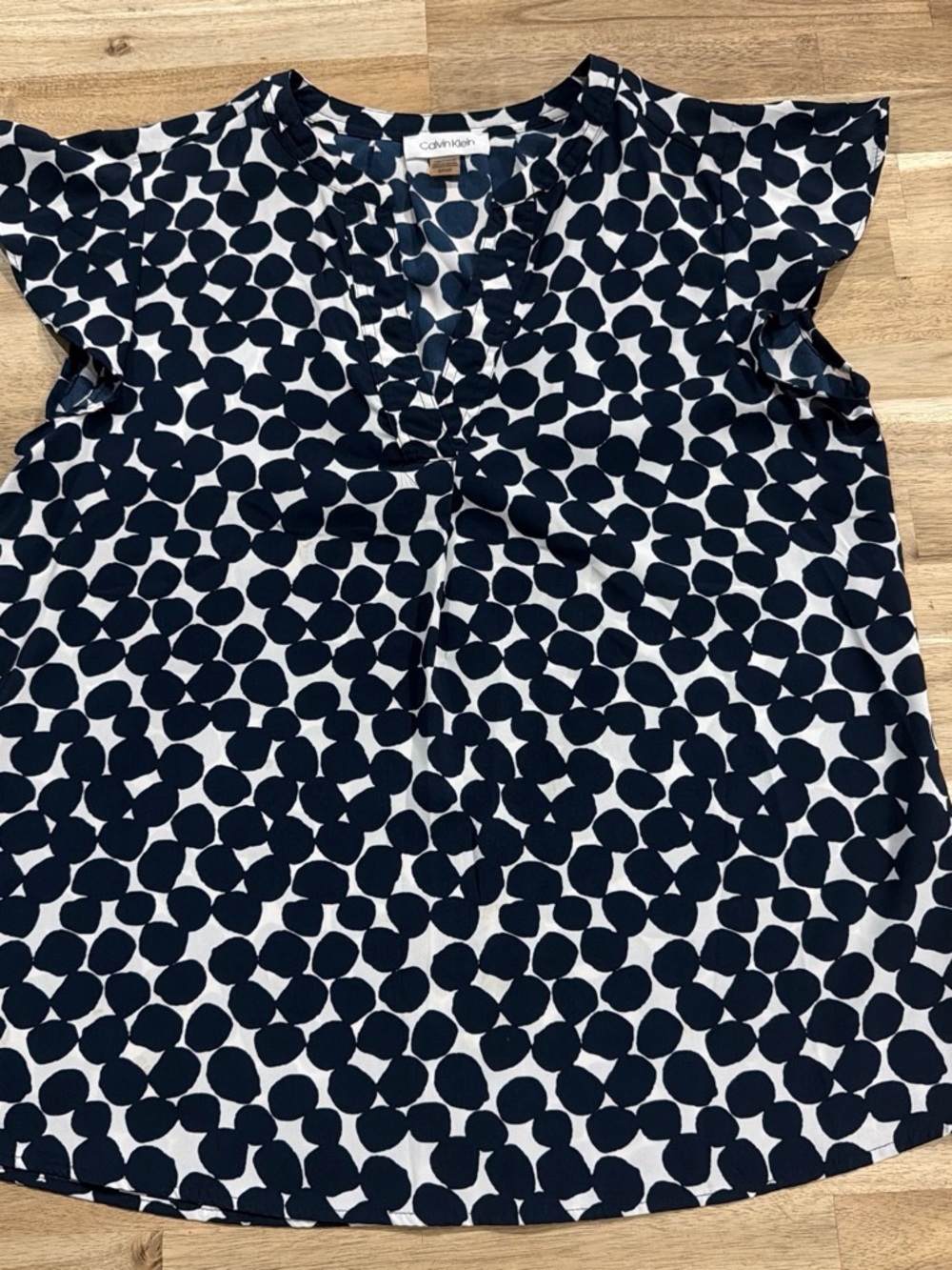Calvin Klein Navy and White Dot Flutter-Sleeve Blouse